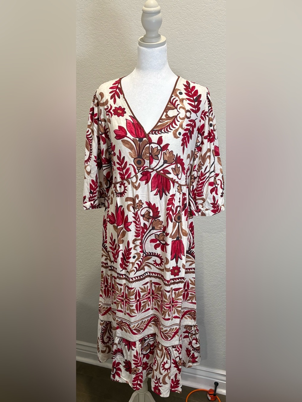 Fig + Flower Anthropologie Linen Blend Floral Midi Dress NWT M